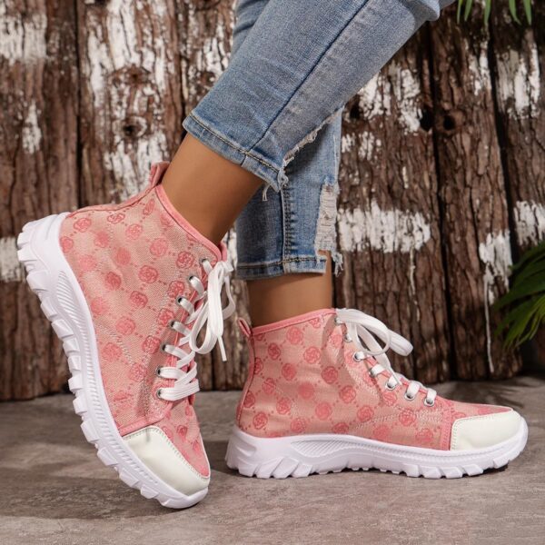 Rose-printed Lace-up Boots Fashion Breathable Canvas Shoes Sports Casual Non-slip Thick-soled Short Boot For Women - Image 2