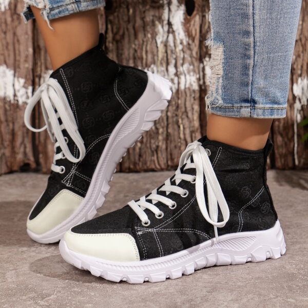 Rose-printed Lace-up Boots Fashion Breathable Canvas Shoes Sports Casual Non-slip Thick-soled Short Boot For Women - Image 3